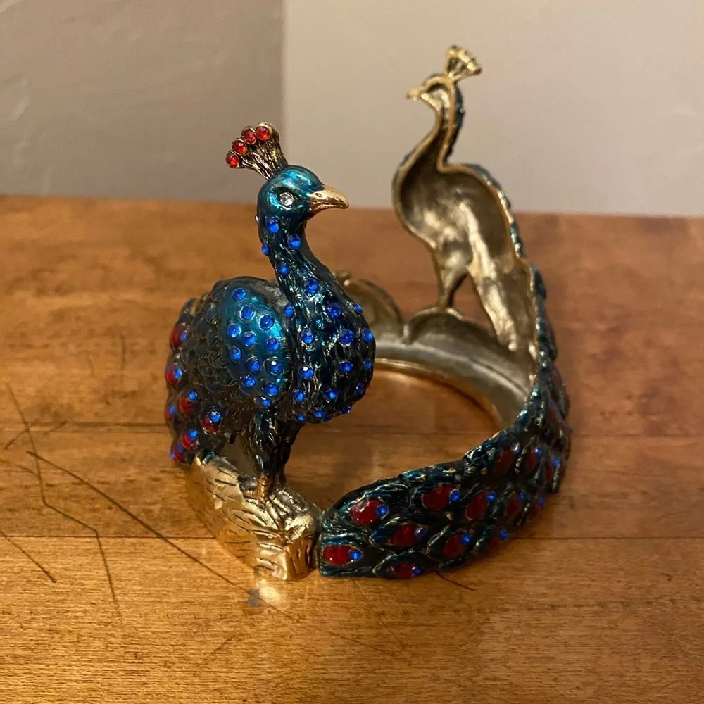 Vintage Solid Brass Enamel Painted Jeweled Double Peacock Candle Holder …